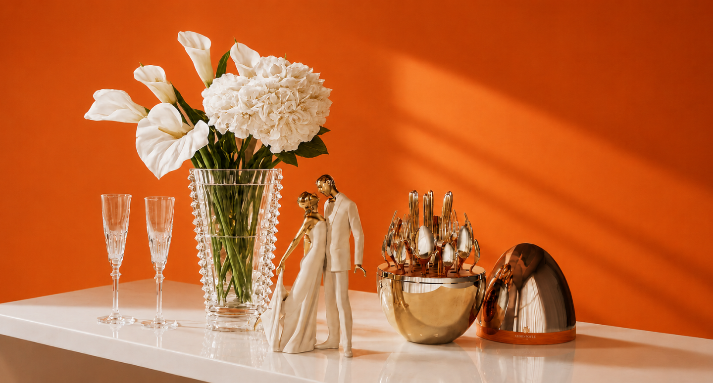 Wedding table setting with fine crystal and linens