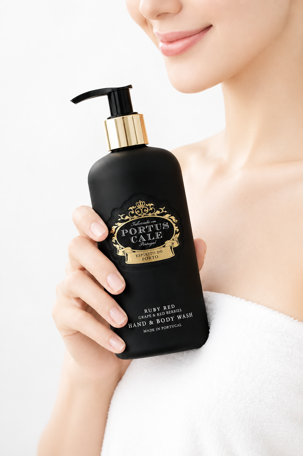 Model holding a Portus Cale hand and body wash